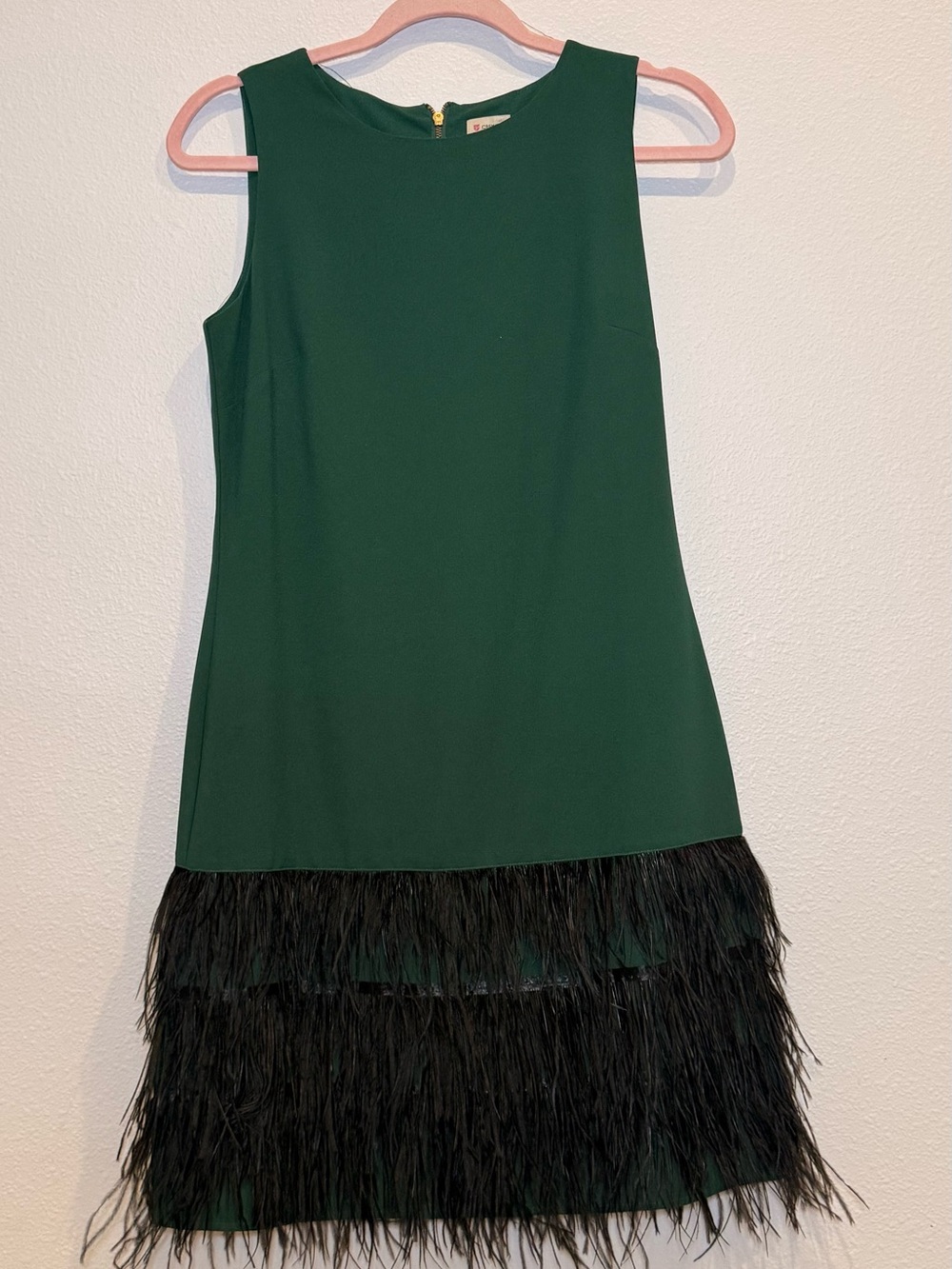 Daniel Cremieux Emerald Green Sleeveless Dress with Black Feather Hem